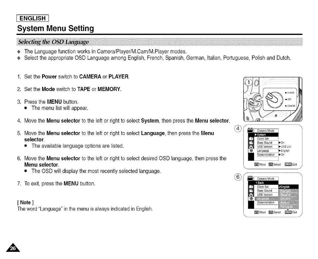 Samsung SCD455 manual System Menu Setting, Menu selector 