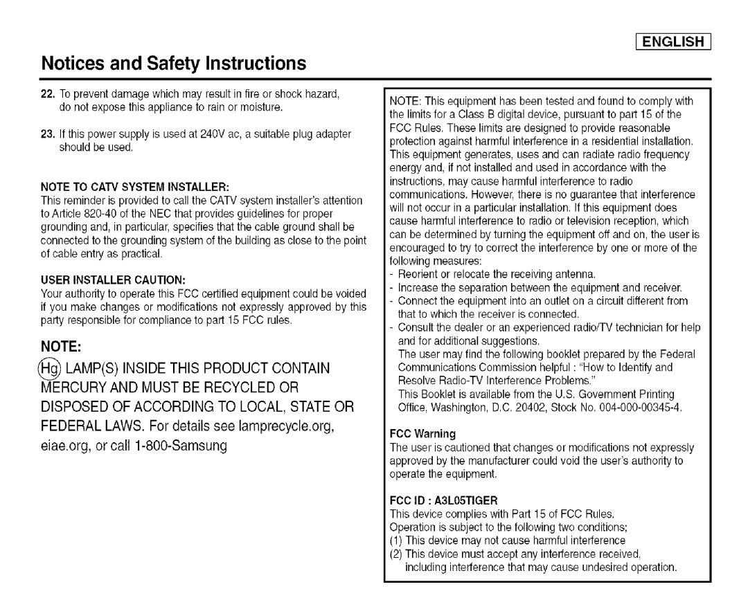 Samsung SCD455 manual FCC ID A3L05TIGER 
