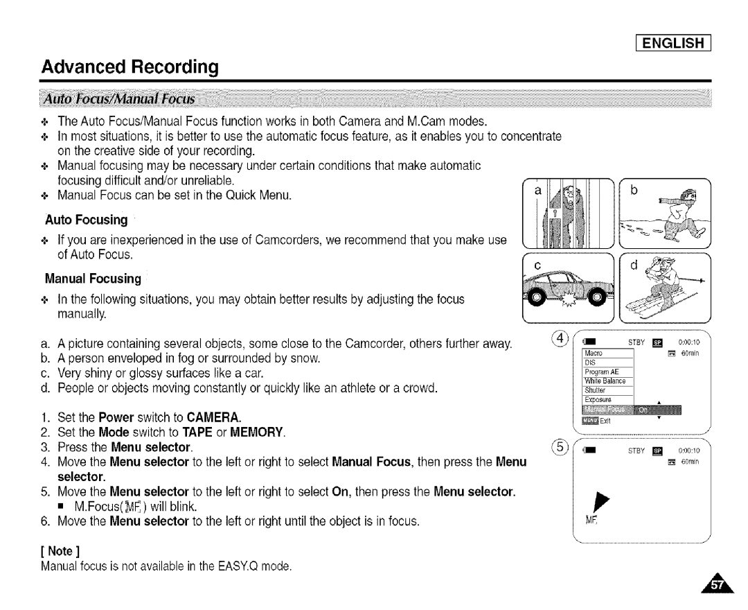 Samsung SCD455 manual Auto Focusing, Manual Focusing 