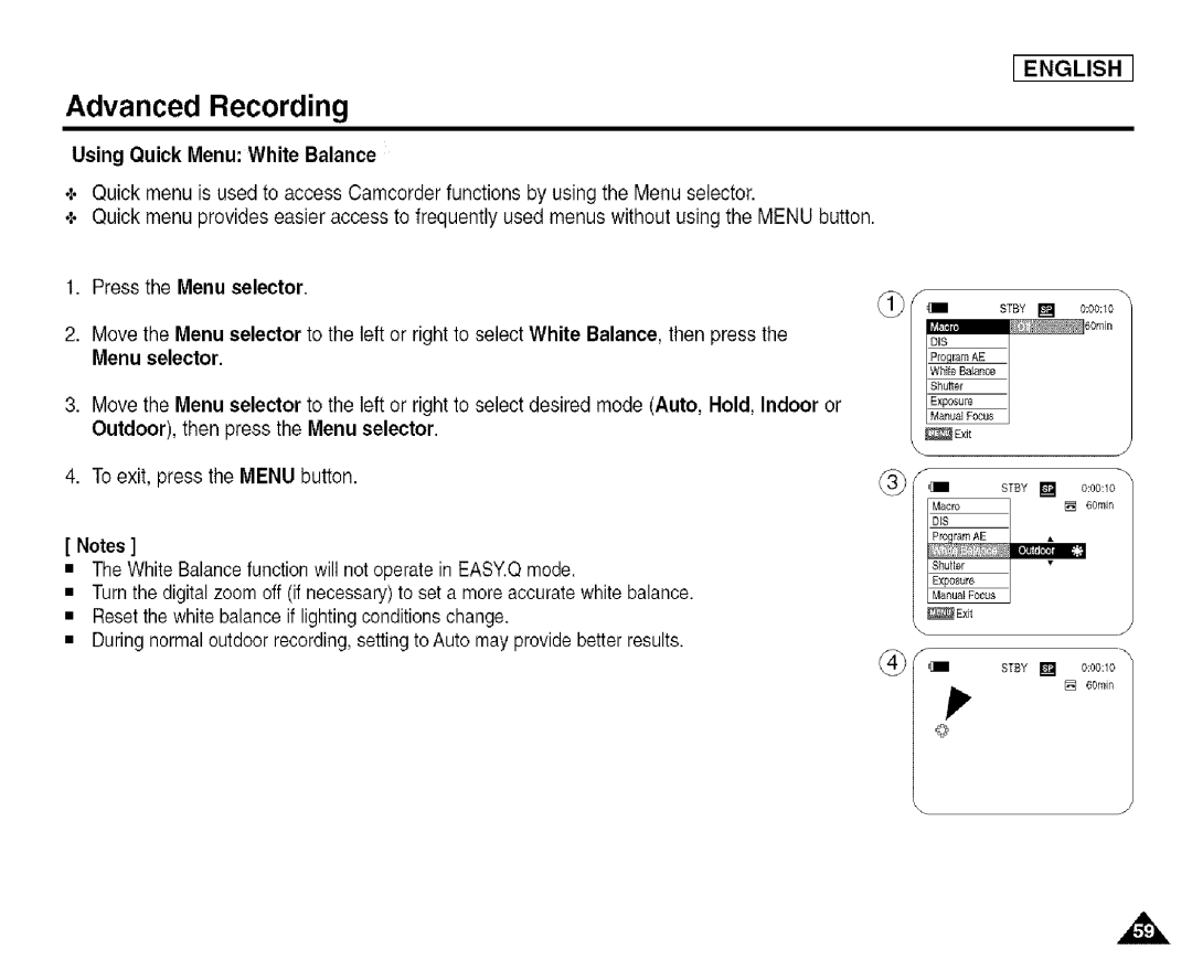 Samsung SCD455 manual Using Quick Menu White Balance, Press the Menu selector 