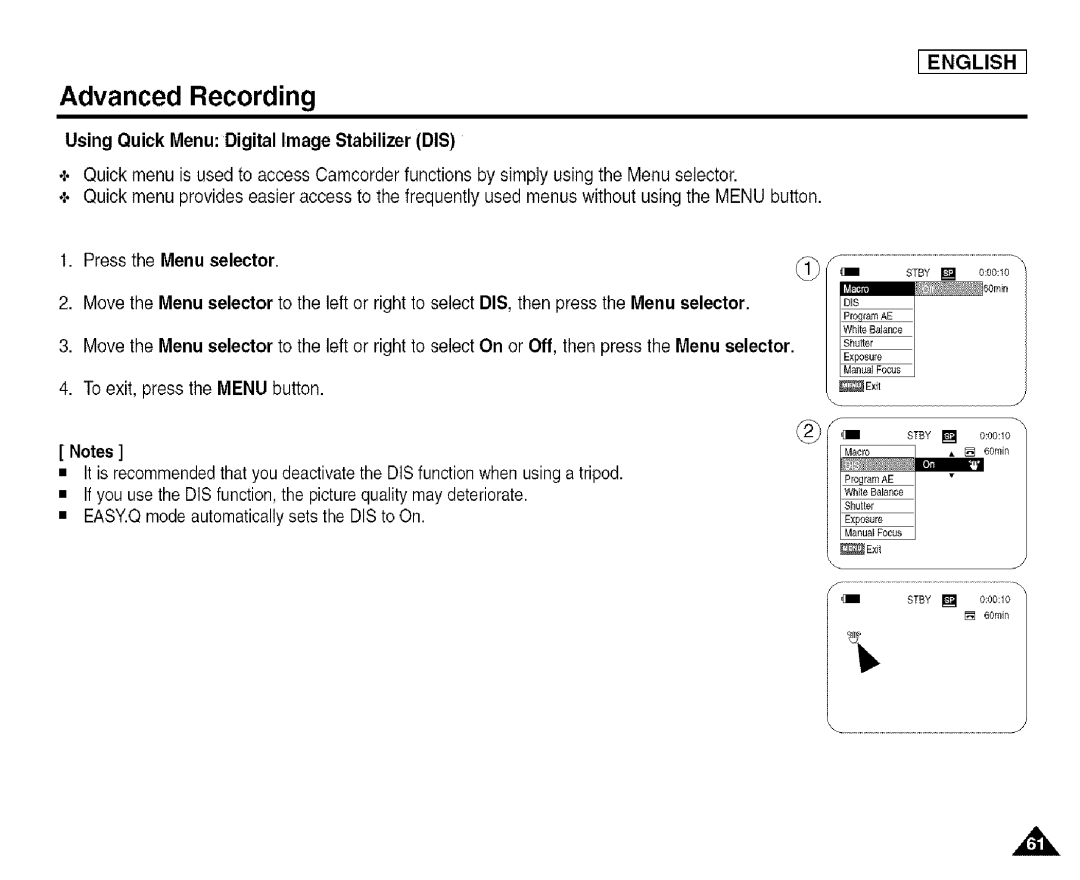 Samsung SCD455 manual Using Quick Menu Digital Image Stabilizer DIS 
