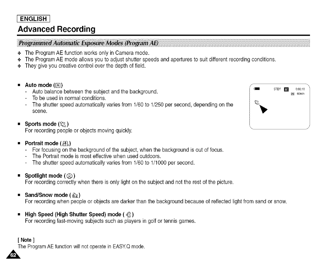 Samsung SCD455 manual Auto mode rx, Portrait mode, High Speed High Shutter Speed mode 