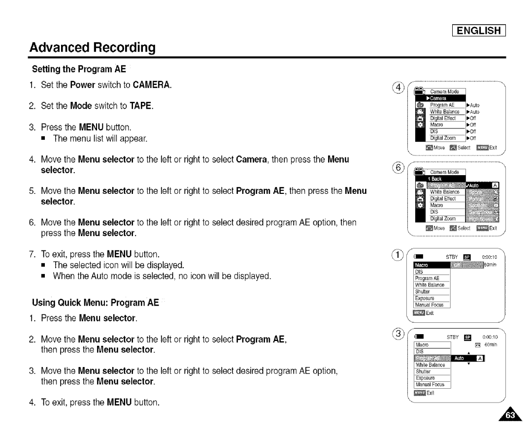 Samsung SCD455 Setting the Program AE Set the Power switch to Camera, Using Quick Menu Program AE Press the Menu selector 