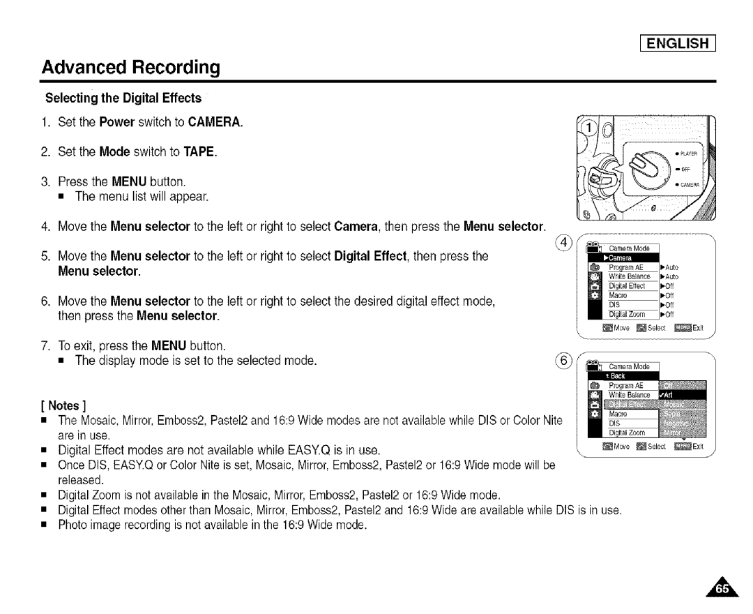 Samsung SCD455 manual Selecting the Digital Effects, Menu selector 