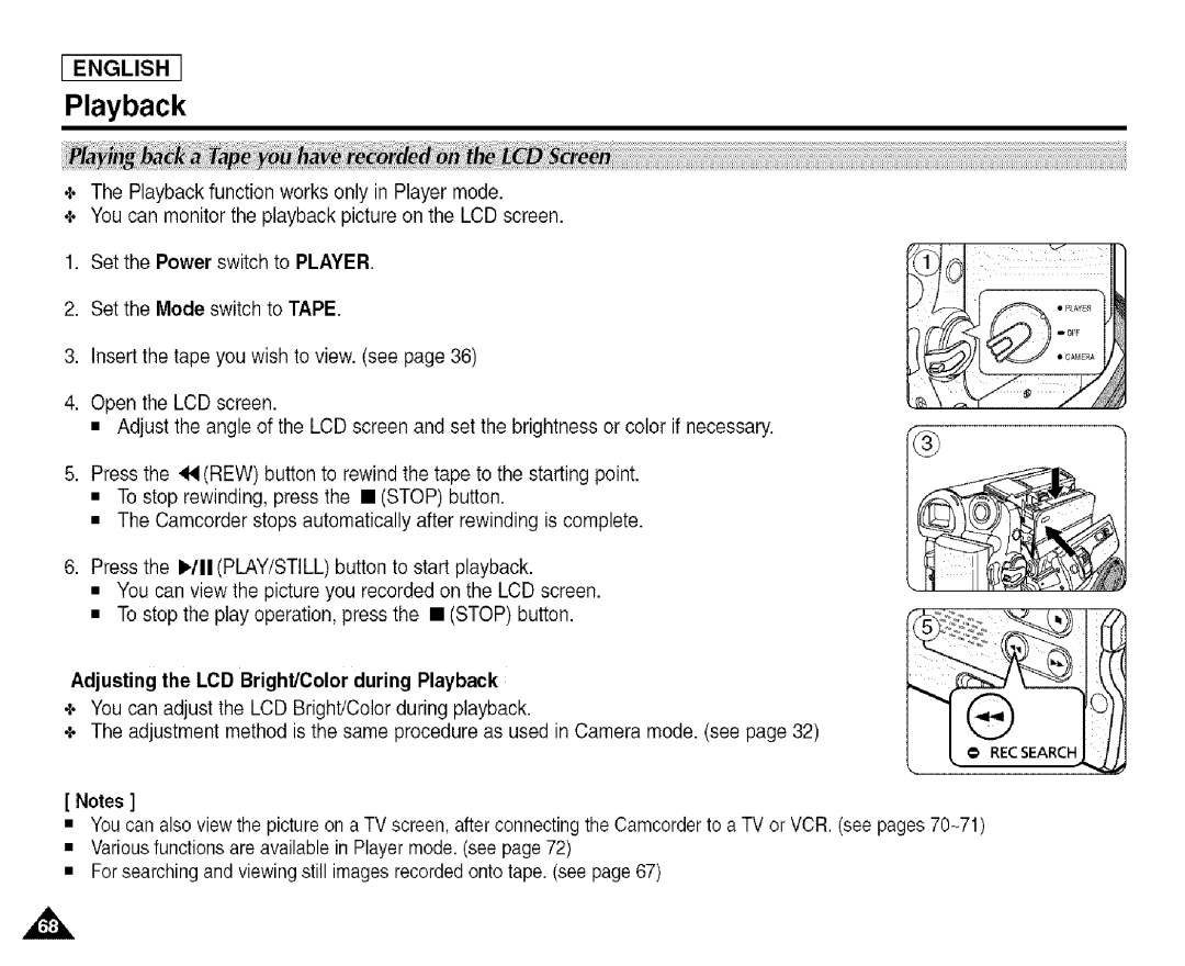 Samsung SCD455 manual Adjusting the LCD Bright/Color during Playback 