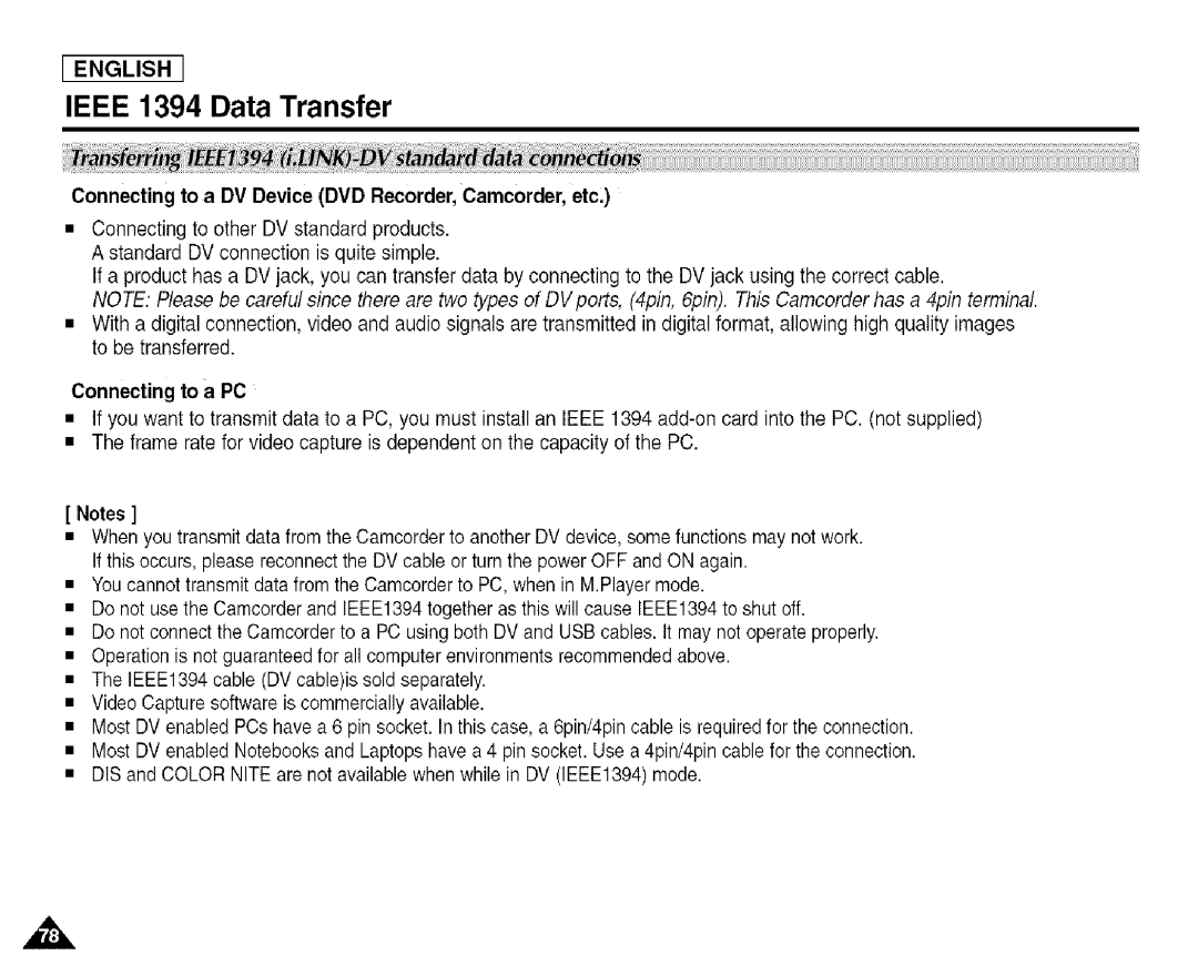 Samsung SCD455 manual Ieee 1394 Data Transfer, Connecting to a DV Device DVD Recorder, Camcorder, etc 