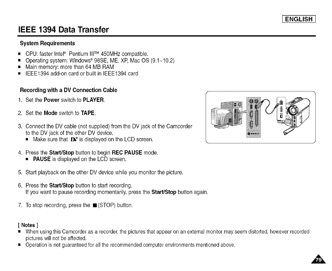 Samsung SCD455 manual Ieee 1394 Data Transfer, System Requirements, Recording with a DV Connection Cable 