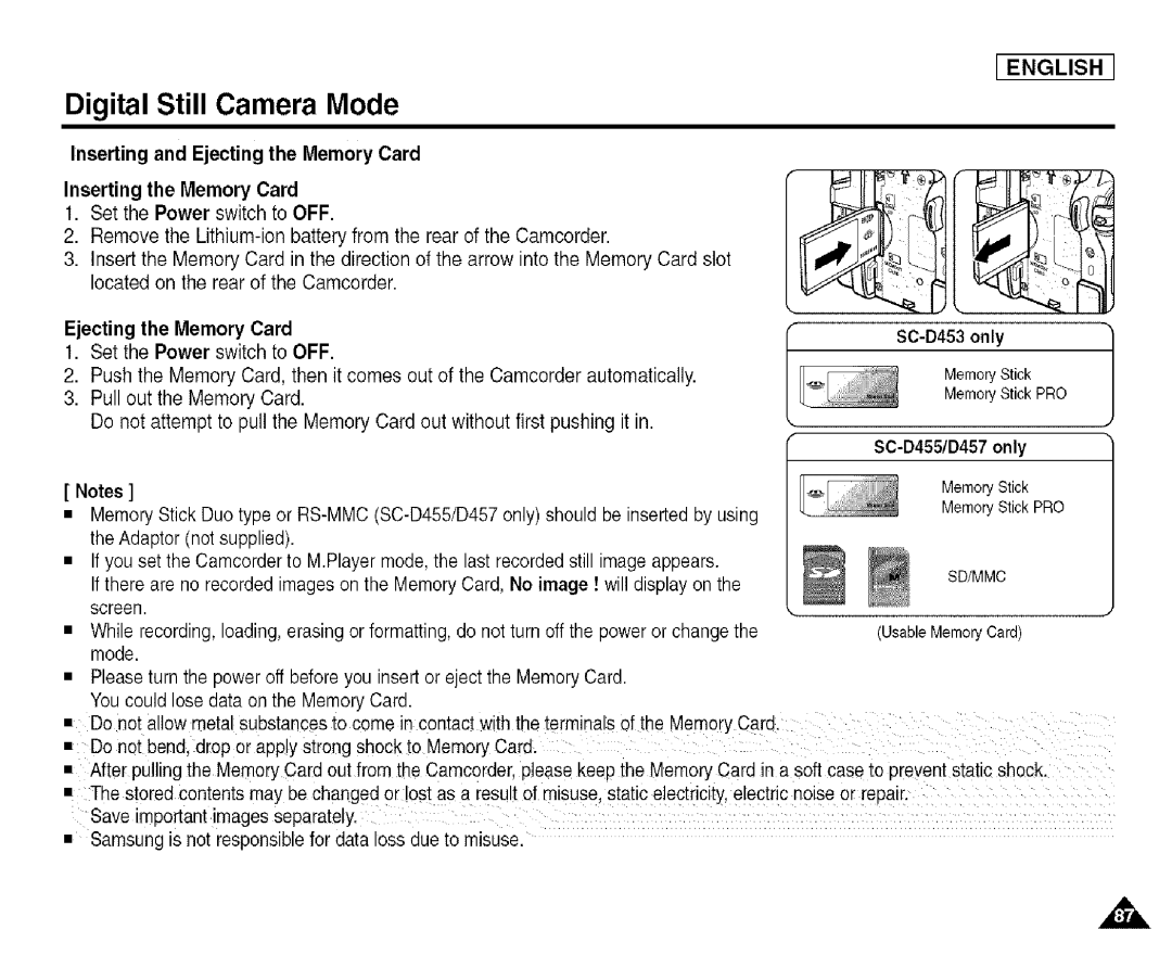 Samsung SCD455 manual Digital Still Camera Mode, Ejecting the Memory Card 