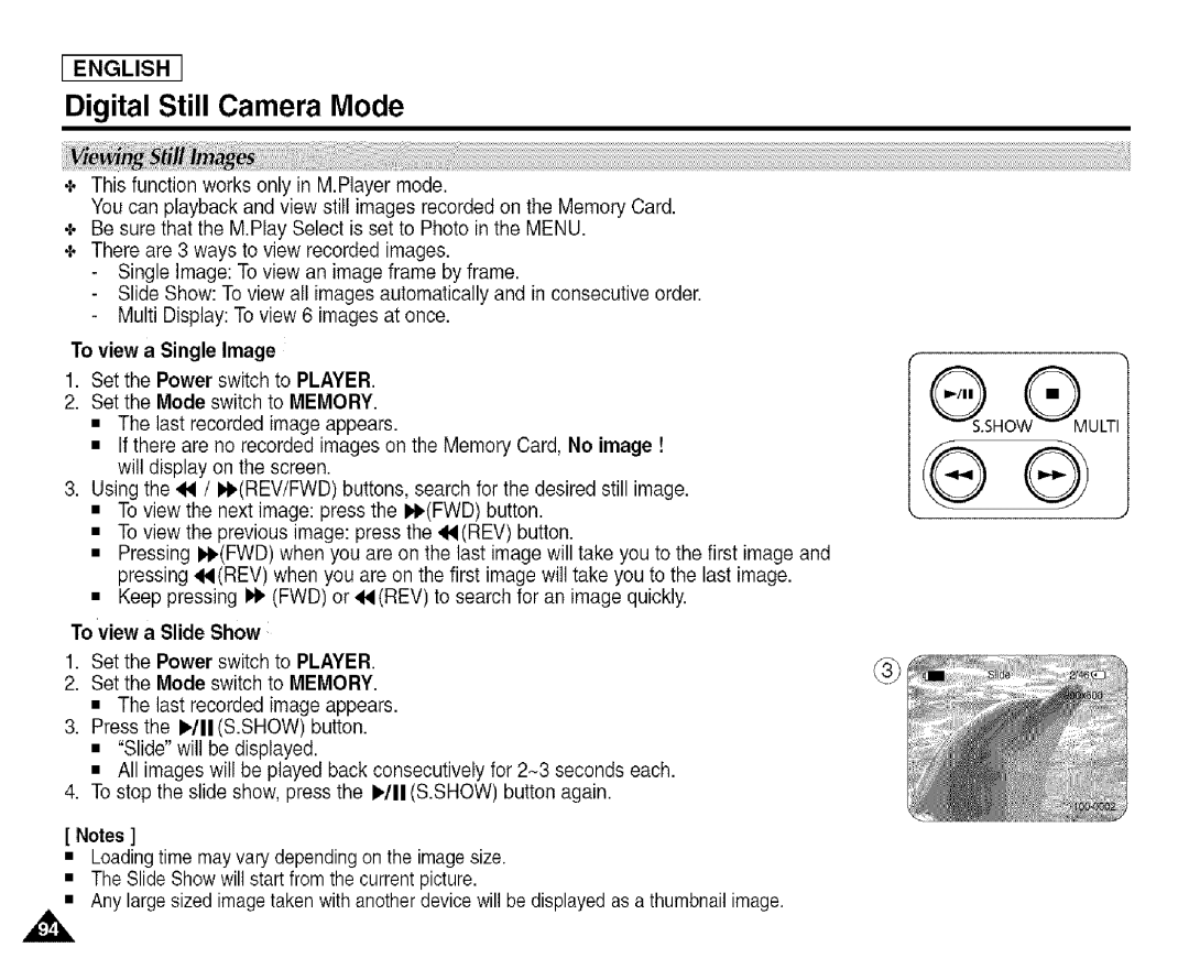 Samsung SCD455 manual To view a Single Image, To view a Slide Show Set the Power switch to Player 