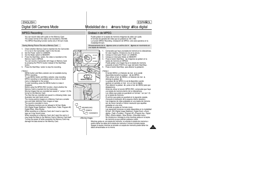 Samsung SCD457 manual Mpeg Recording, Grabación de Mpeg 