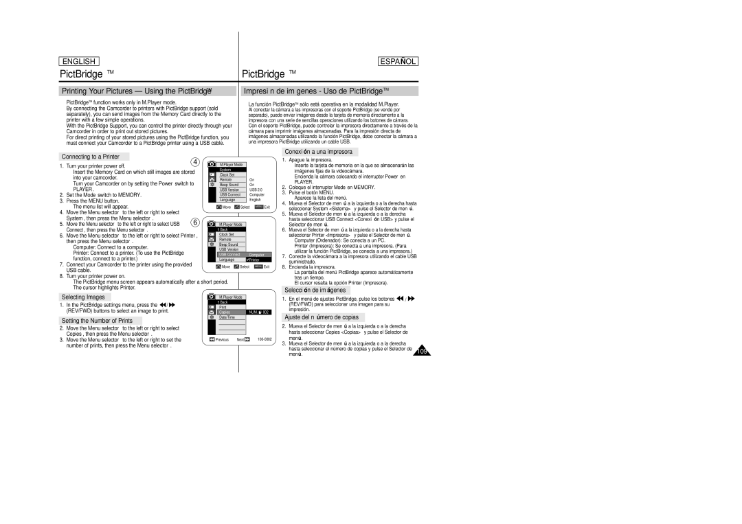 Samsung SCD457 manual Printing Your Pictures Using the PictBridgeTM, Impresión de imágenes Uso de PictBridgeTM 