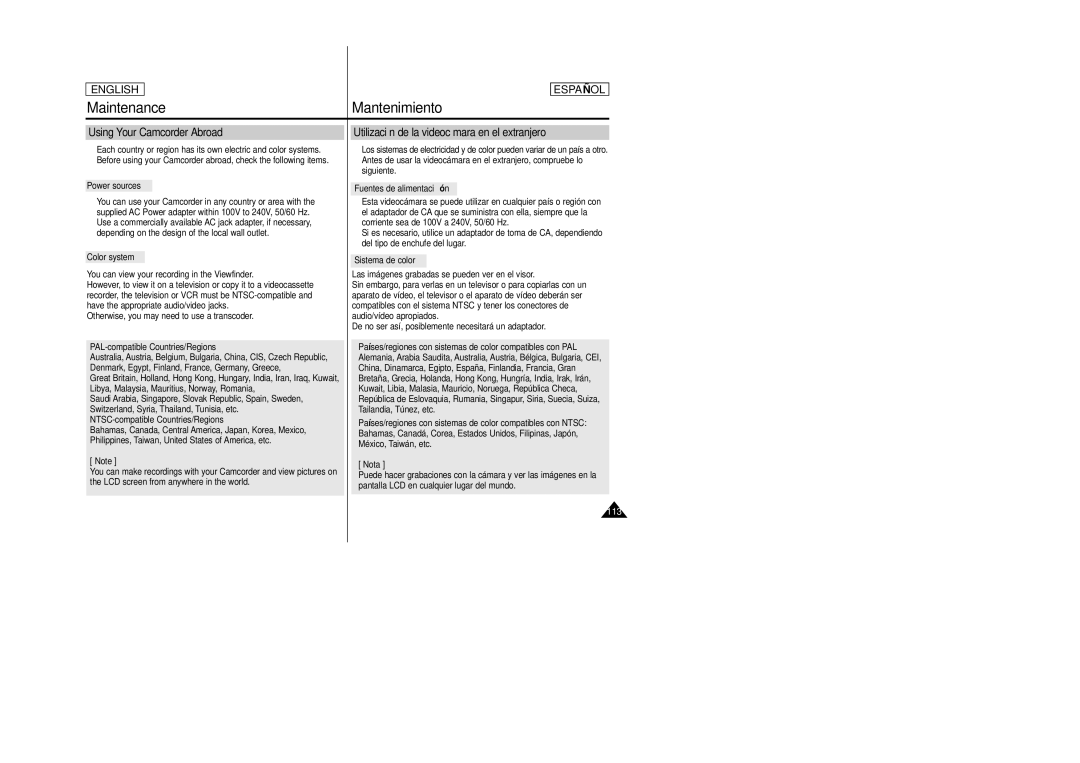 Samsung SCD457 manual Using Your Camcorder Abroad, Utilización de la videocámara en el extranjero 