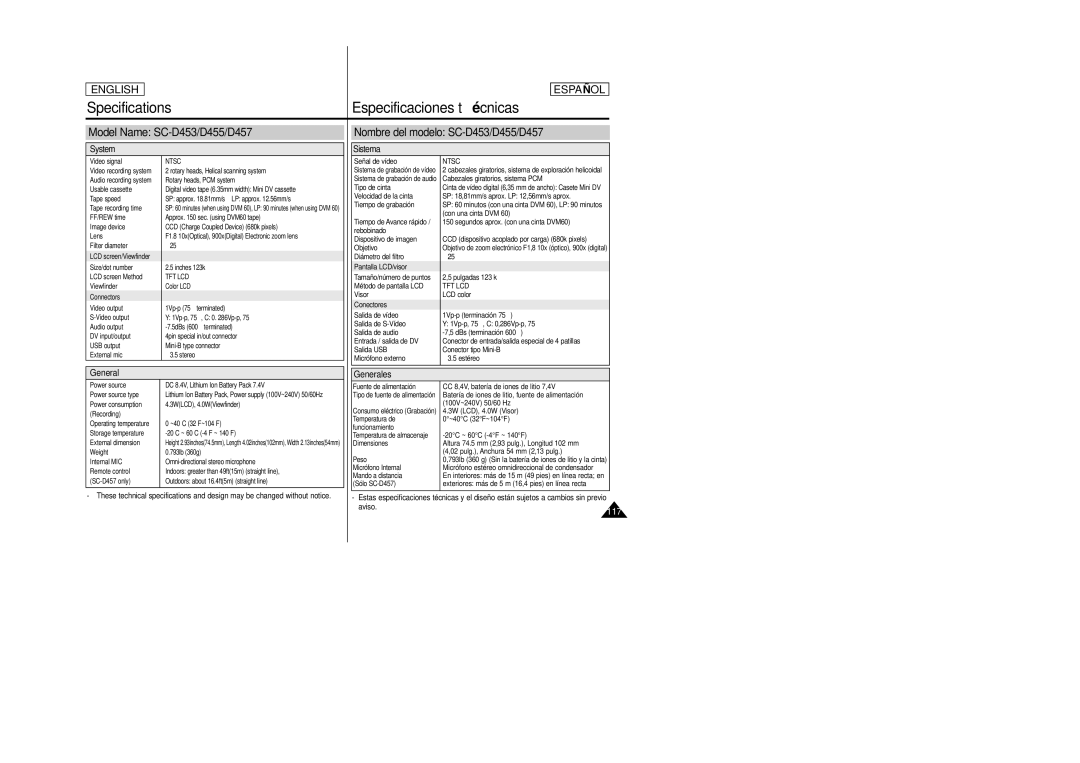 Samsung SCD457 manual Specifications, Especificaciones técnicas, Model Name SC-D453/D455/D457 