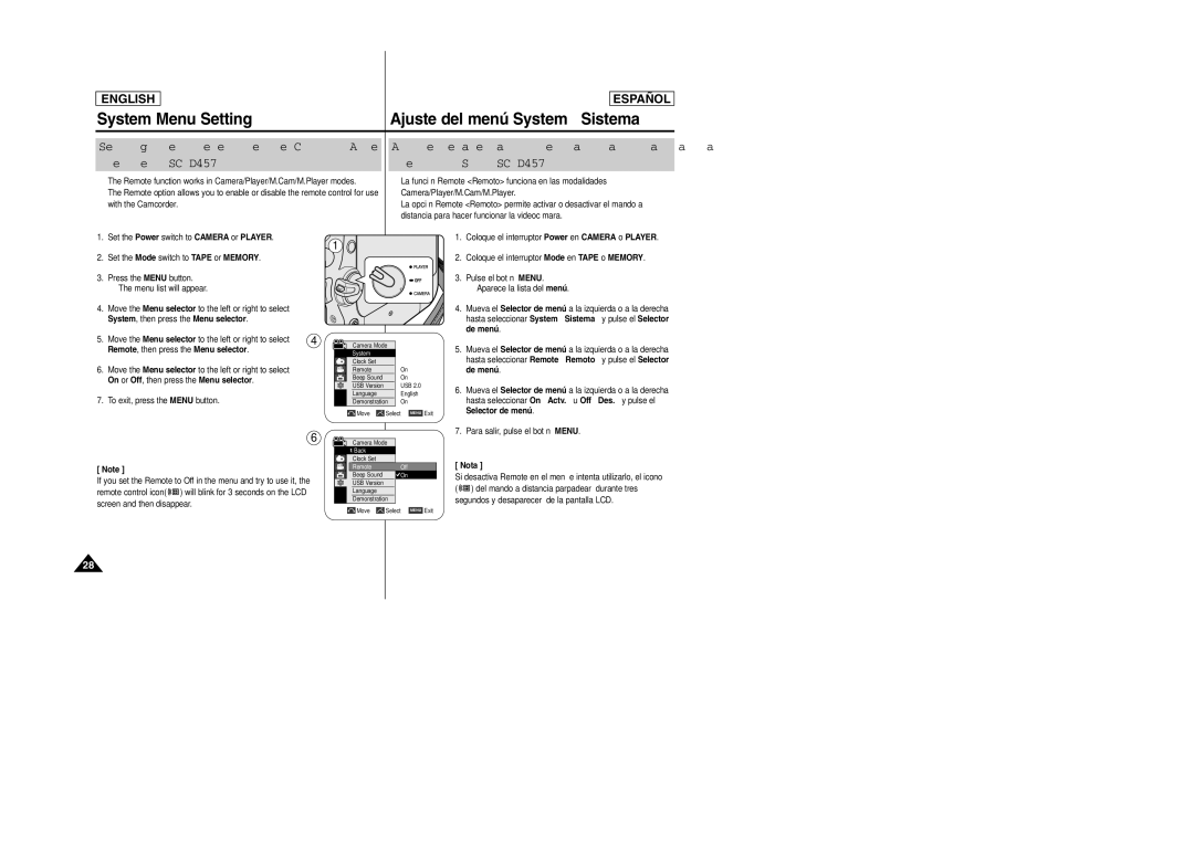 Samsung SCD457 manual System Menu Setting, Ajuste del menú System Sistema 