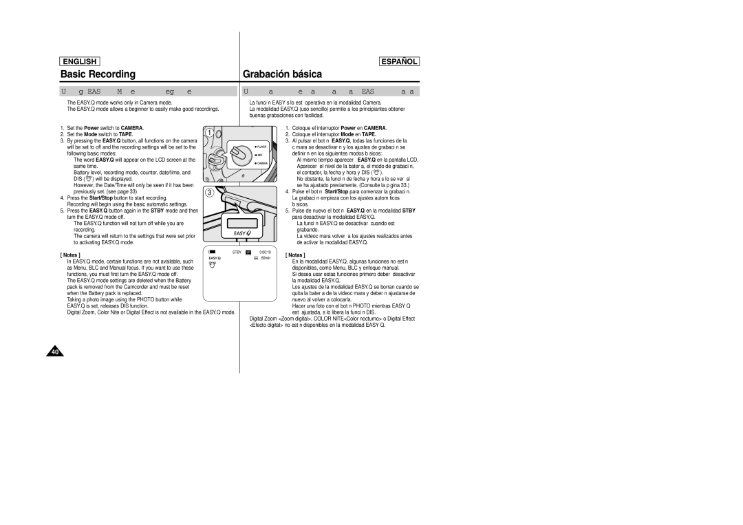 Samsung SCD457 manual Using EASY.Q Mode for Beginners, Utilización de la modalidad Easy .Q para principiantes 