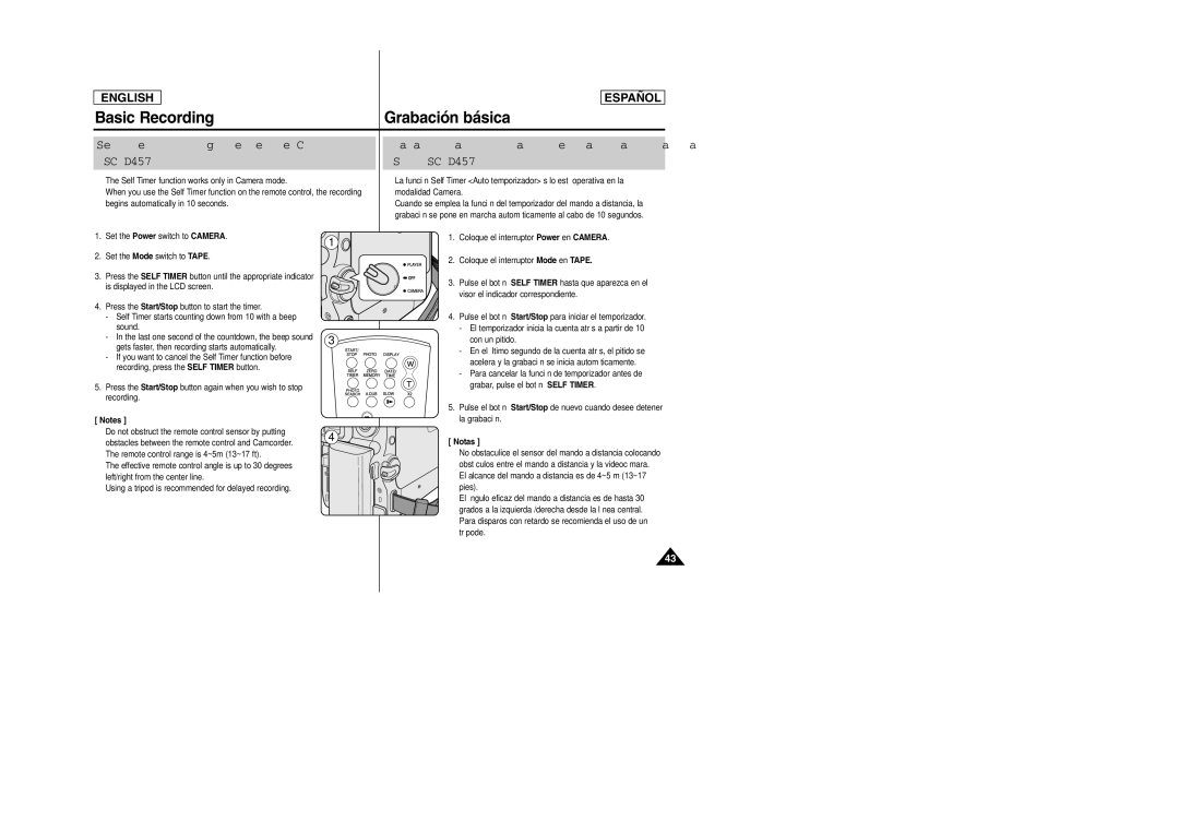 Samsung SCD457 manual Self Record using the Remote Control, SC-D457 only Sólo SC-D457 