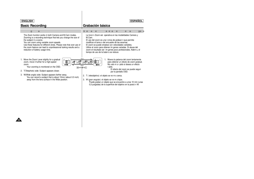 Samsung SCD457 manual Zooming In and Out, Acercamiento y alejamiento de las imágenes 