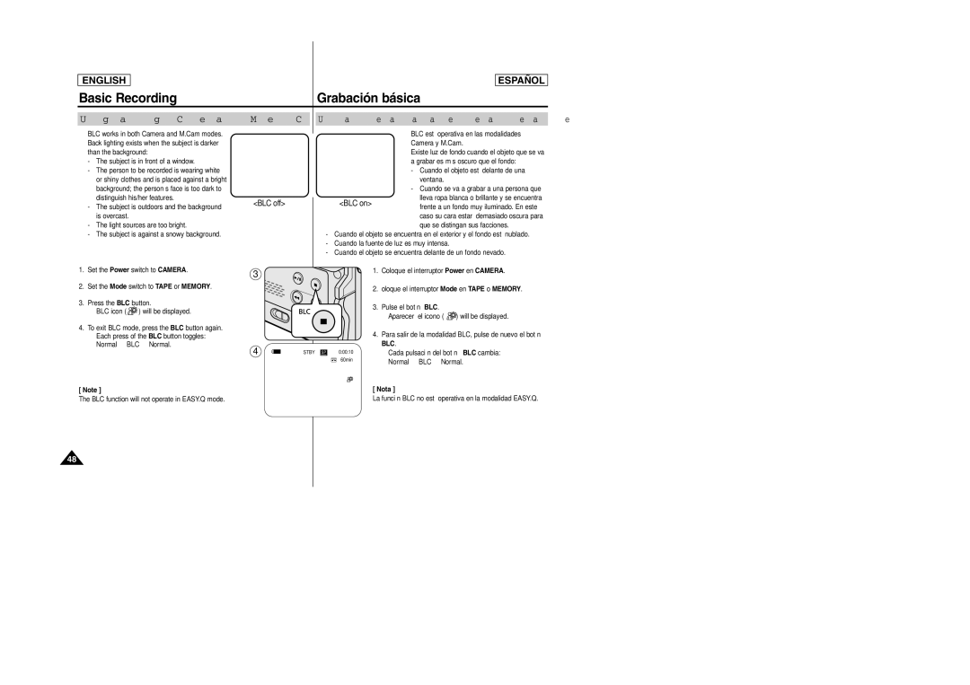 Samsung SCD457 manual Basic Recording, Using Back Light Compensation Mode BLC 