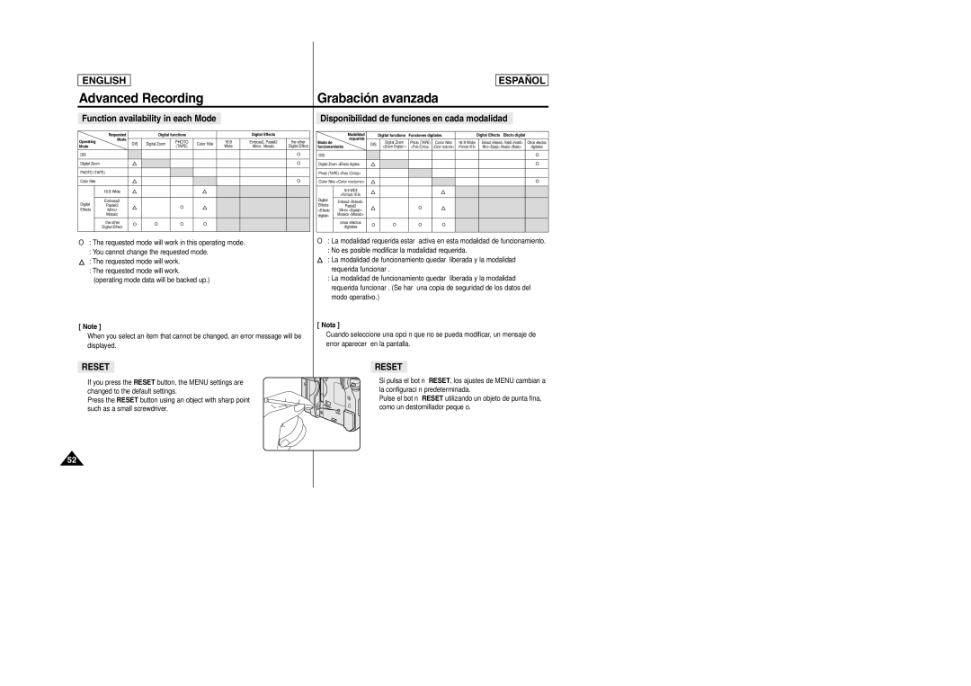 Samsung SCD457 manual Function availability in each Mode, Disponibilidad de funciones en cada modalidad 