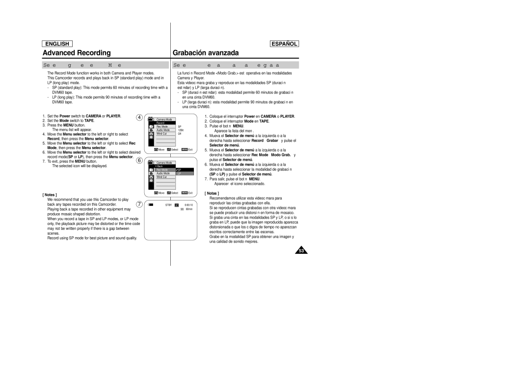 Samsung SCD457 manual Selecting the Record Mode, Selección de la modalidad de grabación 