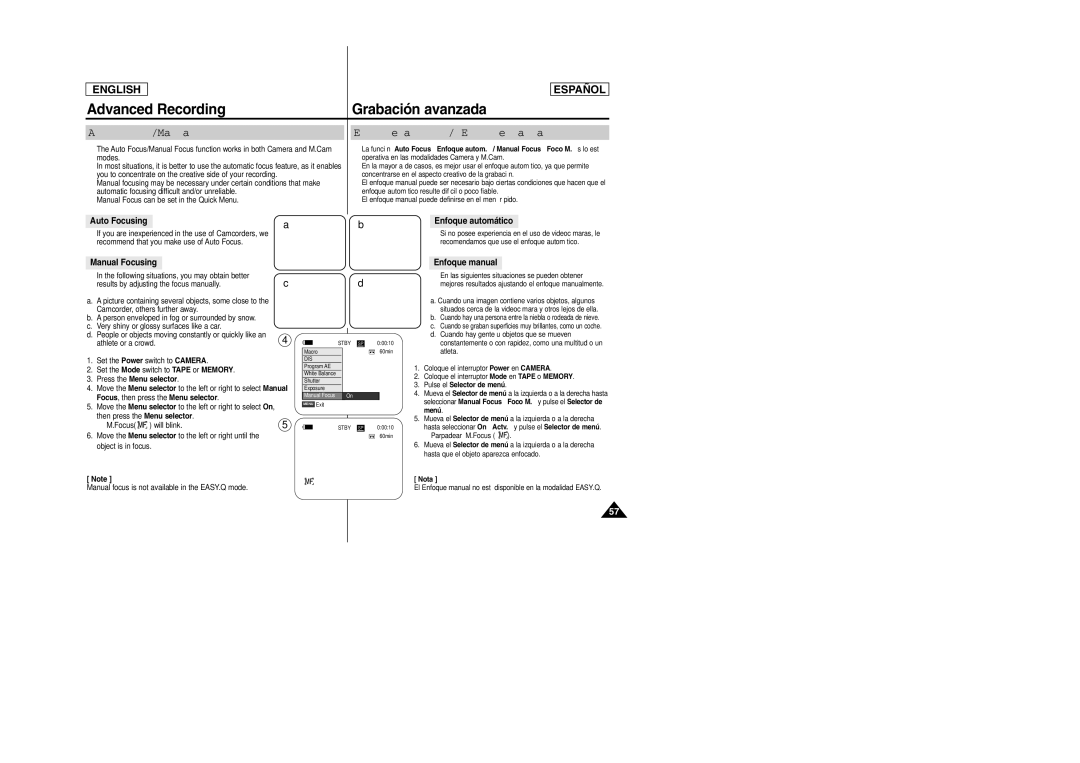 Samsung SCD457 Advanced Recording Grabación avanzada, Auto Focus/Manual Focus, Enfoque autom. / Enfoque manual 