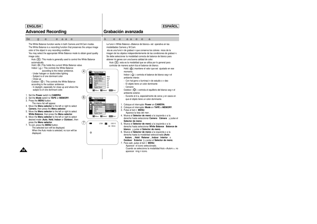 Samsung SCD457 manual Setting the White Balance Ajuste del balance de blanco 