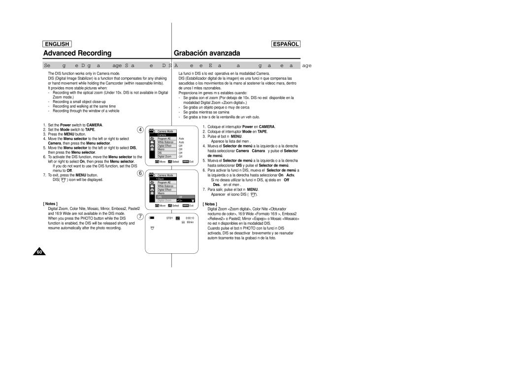 Samsung SCD457 manual Setting the Digital Image Stabilizer DIS, Ajuste del Estabilizador digital de la imagen DIS 