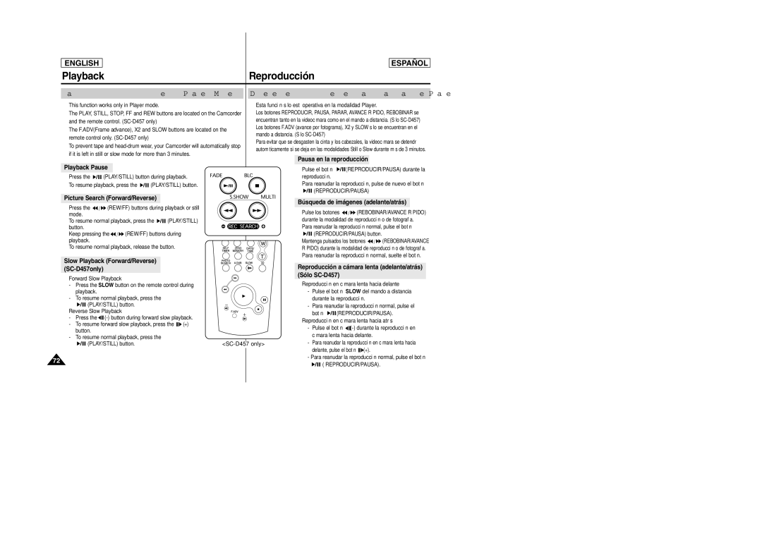 Samsung SCD457 manual Various Functions while in Player Mode, Diferentes funciones en la modalidad de Player 