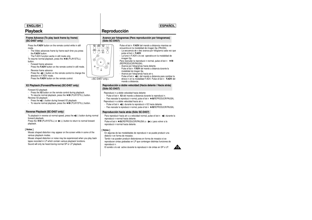 Samsung SCD457 manual Frame Advance To play back frame by frame SC-D457 only, X2 Playback Forward/Reverse SC-D457 only 