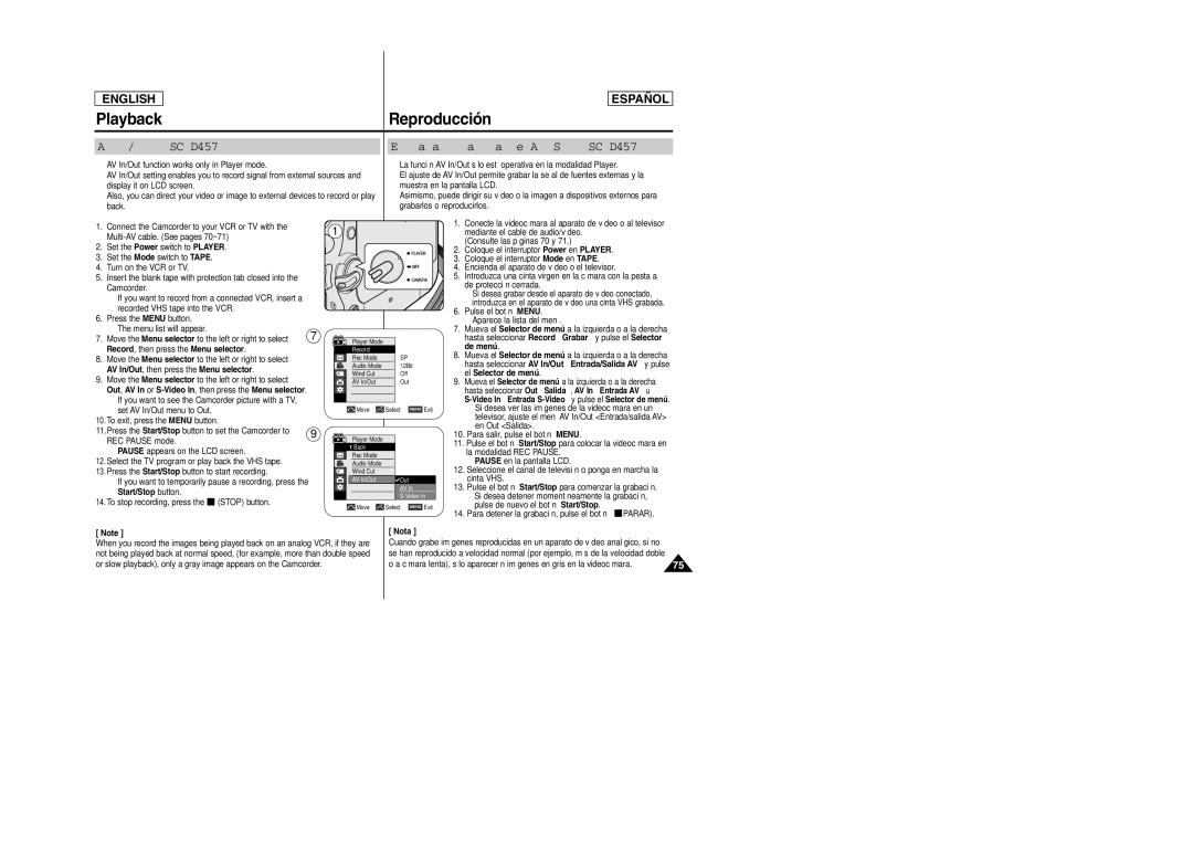 Samsung SCD457 manual AV In/Out SC-D457 only Entrada y salida de AV Sólo SC-D457, Record , then press the Menu selector 