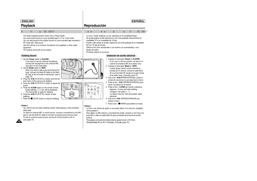 Samsung SCD457 manual Audio Dubbing SC-D457 only, Grabación de audio adicional Sólo SC-D457, Dubbing Sound 