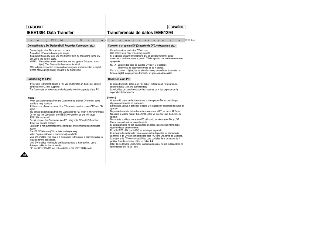 Samsung SCD457 manual IEEE1394 Data Transfer, Transferencia de datos IEEE1394, Connecting to a PC, Conexión a un PC 