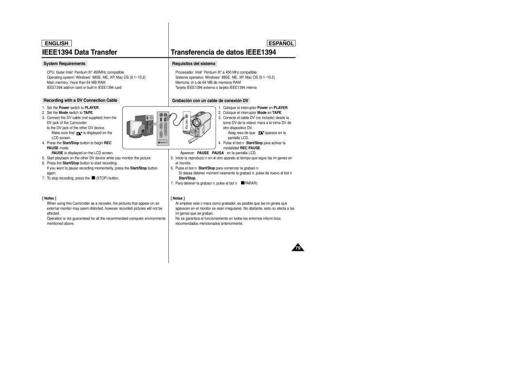 Samsung SCD457 manual System Requirements, Requisitos del sistema, Recording with a DV Connection Cable 