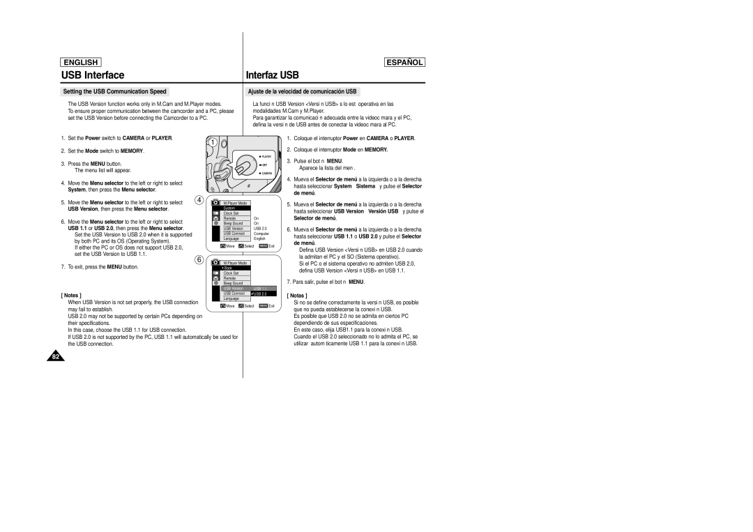 Samsung SCD457 manual Setting the USB Communication Speed, Ajuste de la velocidad de comunicación USB 