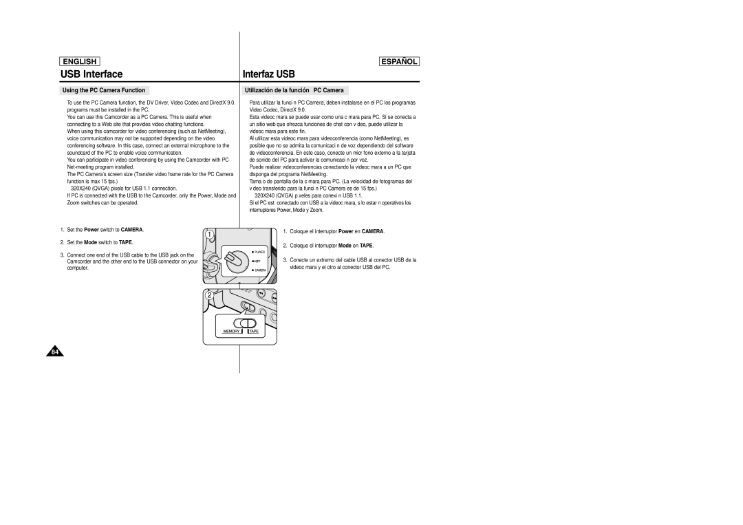 Samsung SCD457 manual Using the PC Camera Function, Utilización de la función PC Camera 