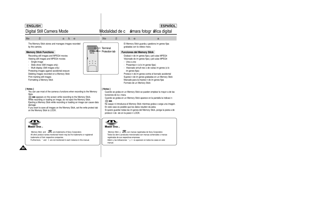 Samsung SCD457 manual Modalidad de cámara fotográfica digital, Memory Stick Functions Funciones del Memory Stick 