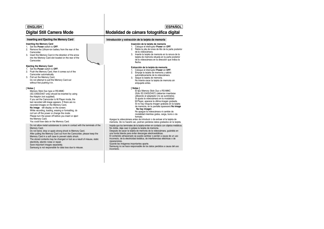 Samsung SCD457 manual Inserting the Memory Card Inserción de la tarjeta de memoria, No hay imagen 