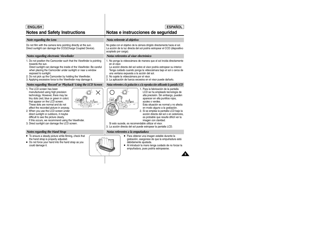 Samsung SCD457 manual Notas e instrucciones de seguridad, Nota referente al objetivo, Notas referentes a la empuñadura 