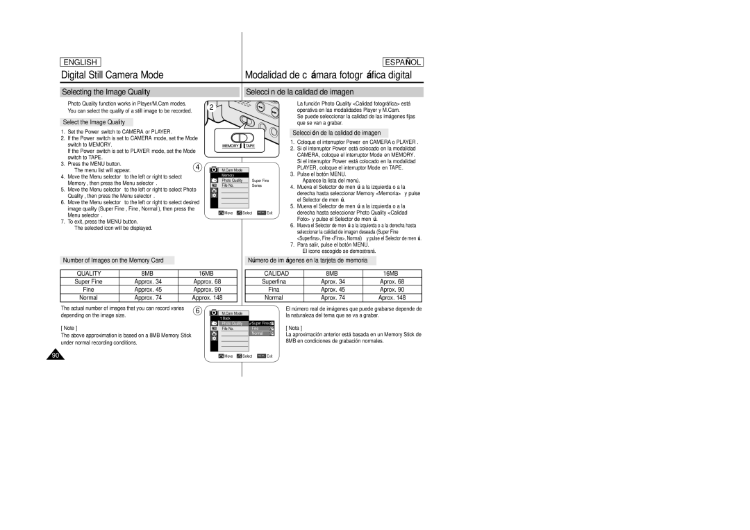 Samsung SCD457 Select the Image Quality, Selección de la calidad de imagen, Quality, then press the Menu selector, 16MB 