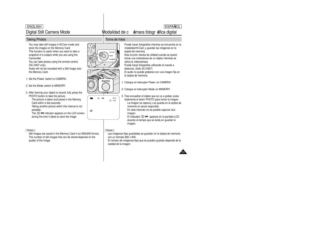 Samsung SCD457 manual Taking Photos, Toma de fotos 