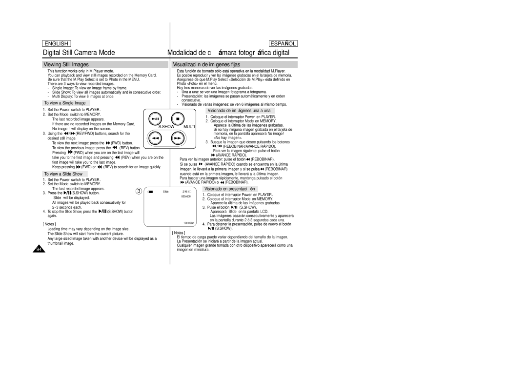 Samsung SCD457 manual Viewing Still Images Visualización de imágenes fijas, To view a Single Image, To view a Slide Show 