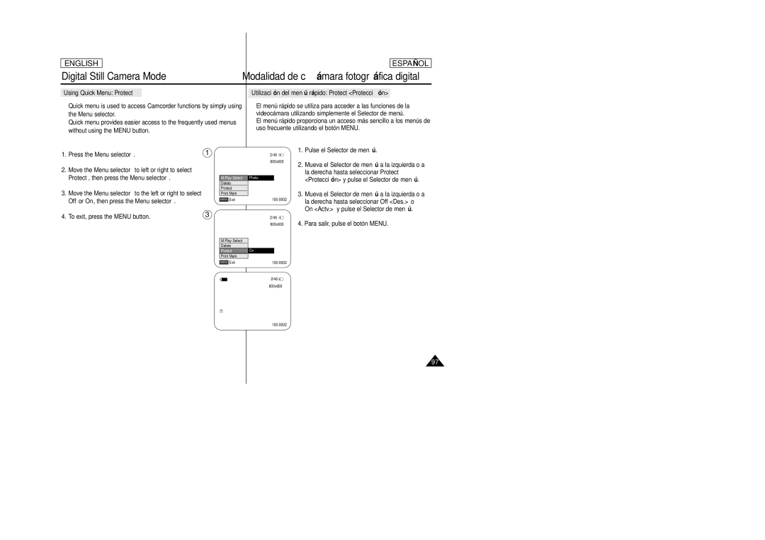 Samsung SCD457 manual Press the Menu selector, Pulse el Selector de menú 