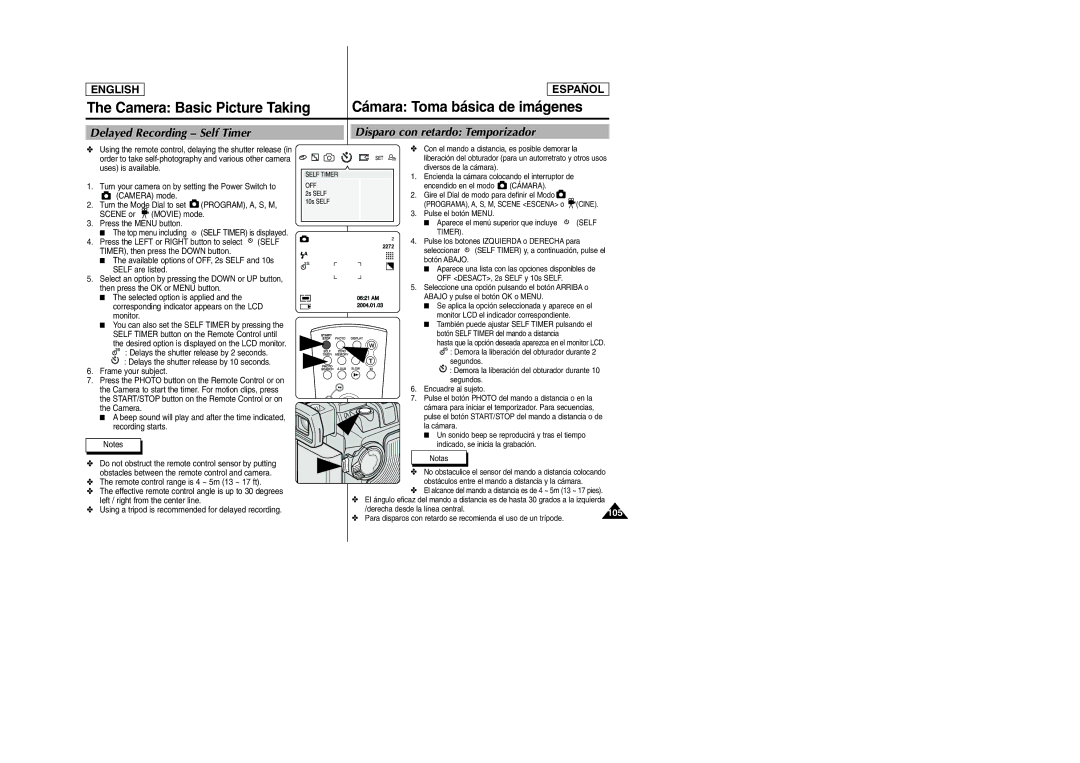 Samsung SCD6050, SCD6040 manual Delayed Recording Self Timer, Disparo con retardo Temporizador, Seleccionar 