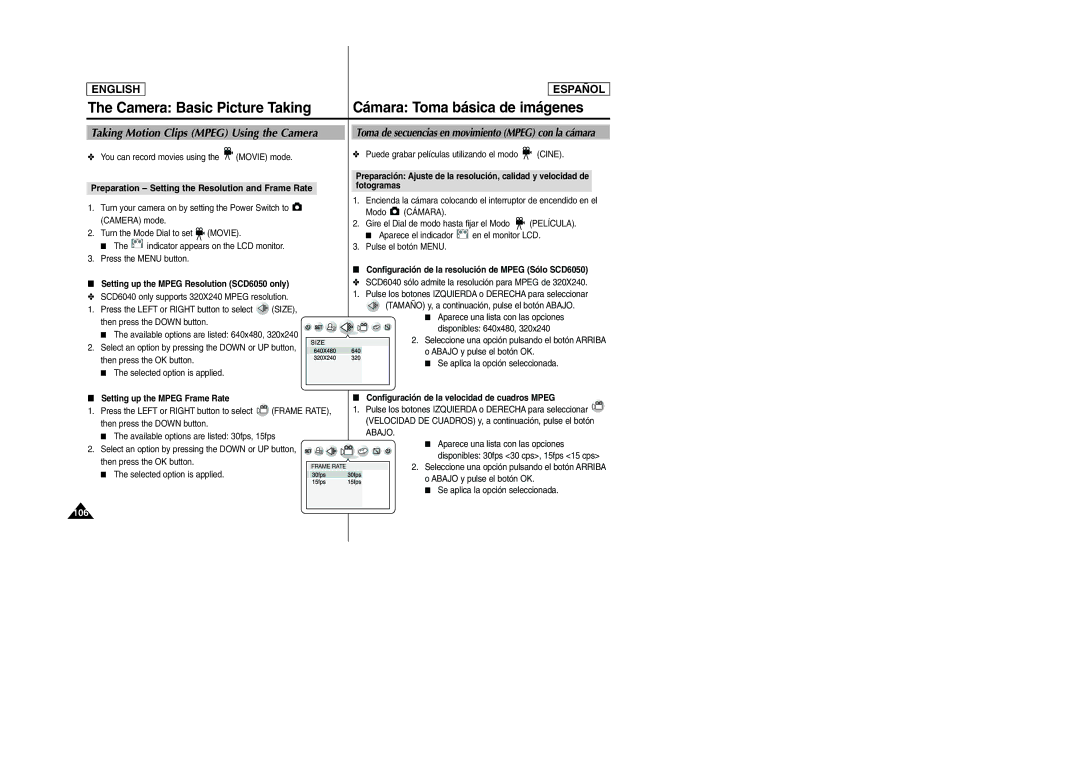 Samsung SCD6040 manual Taking Motion Clips Mpeg Using the Camera, Toma de secuencias en movimiento Mpeg con la cámara, Size 