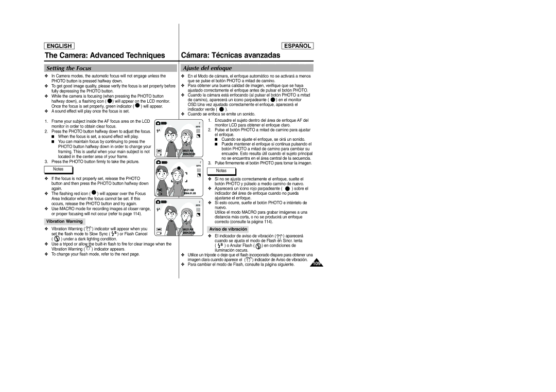 Samsung SCD6050 Camera Advanced Techniques, Setting the Focus, Ajuste del enfoque, Vibration Warning, Aviso de vibración 
