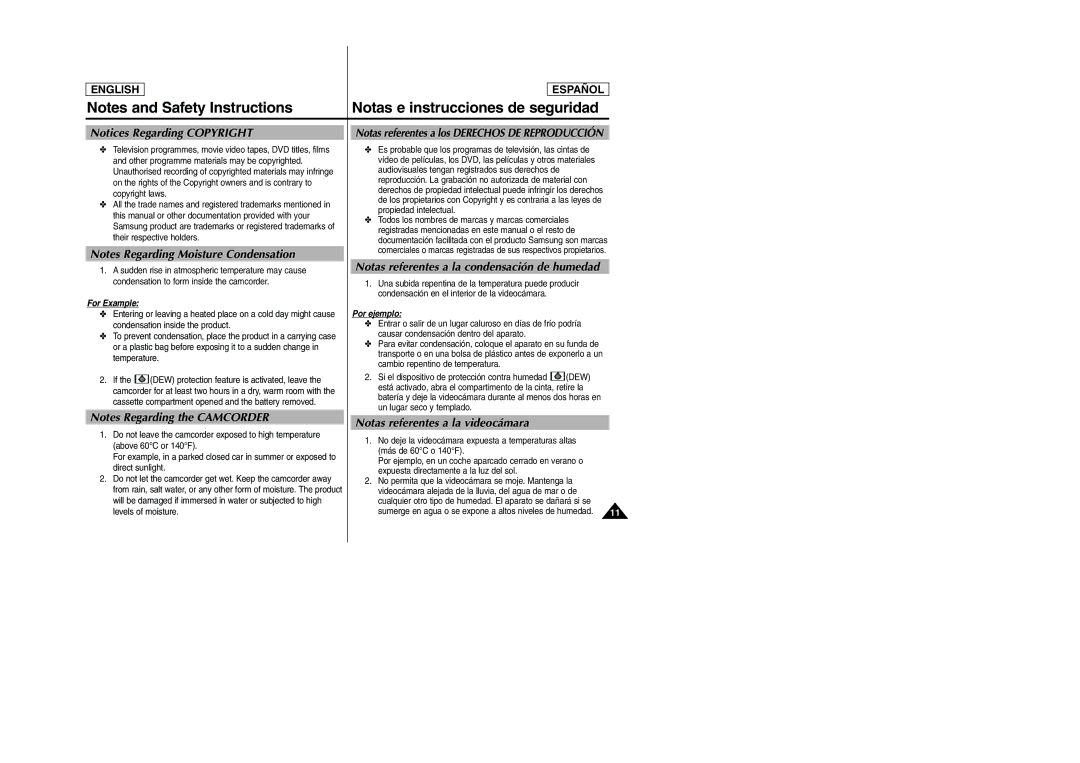 Samsung SCD6050, SCD6040 manual Notas referentes a la condensación de humedad, Notas referentes a la videocámara 