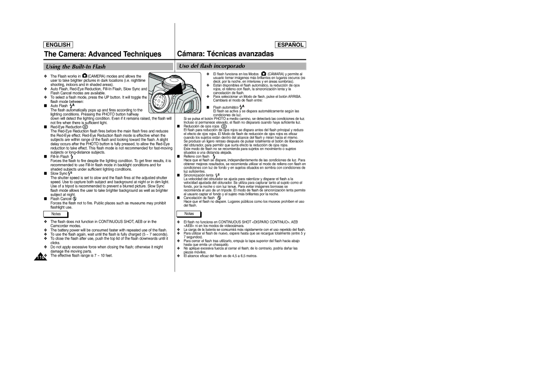 Samsung SCD6040, SCD6050 manual Using the Built-In Flash, Uso del flash incorporado 