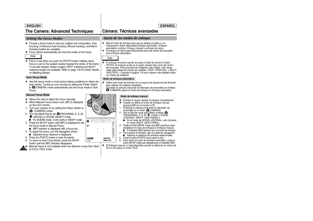 Samsung SCD6040, SCD6050 manual Setting the Focus Modes, Ajuste de los modos de enfoque, Auto Focus Mode, Manual Focus Mode 