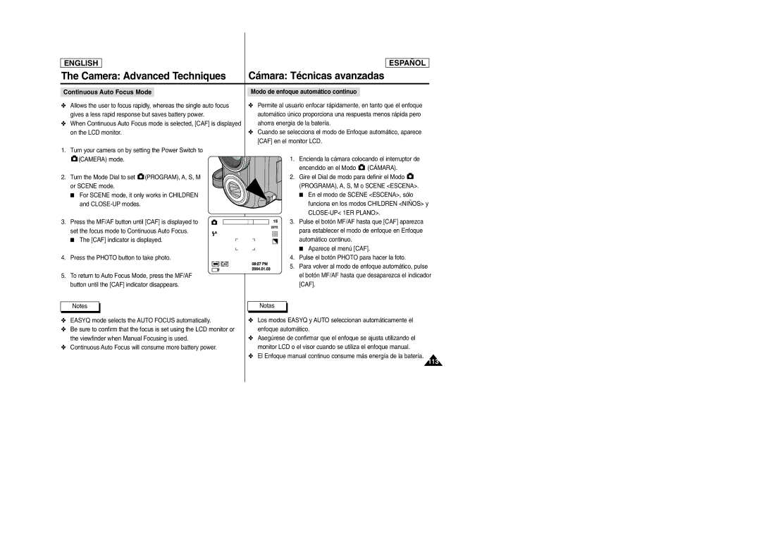Samsung SCD6050 manual Camera Advanced Techniques Cámara Técnicas avanzadas, Continuous Auto Focus Mode, CLOSE-UP 1ER Plano 