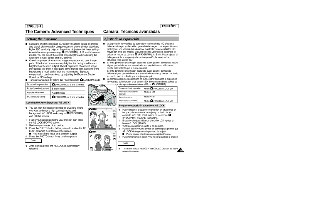 Samsung SCD6050, SCD6040 manual Setting the Exposure, Ajuste de la exposición, Locking the Auto Exposure AE Lock 